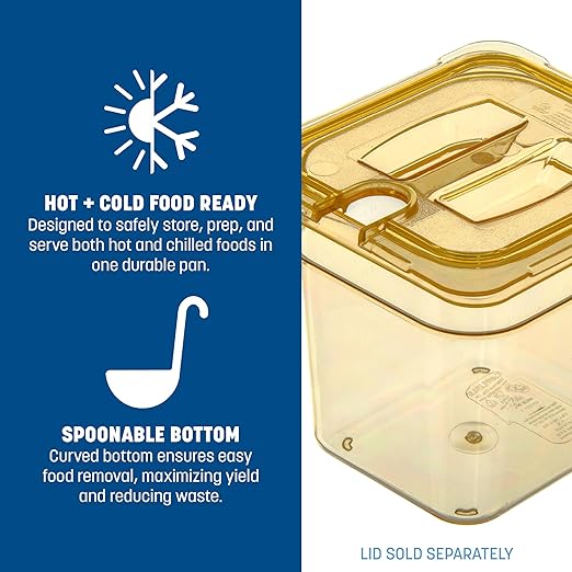 Carlisle FoodService Products StorPlus High-Heat 1/6-Size Food Pan, 6 Deep Food Storage Container with 2.5 Quart Capacity, High Heat Plastic, 1/6 Size, Amber, (Pack of 6)