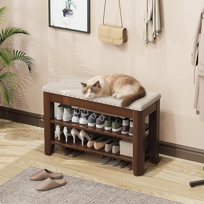 Shoe Bench for Entryway, Solid Rubberwood Shoe Bench with Hidden Storage, Adjustable 2-Tier Shelves & Soft PU Leather Seat, Shoe Rack Durable Easy Assembly for Hallway or Bedroom - Beige, 31.5"