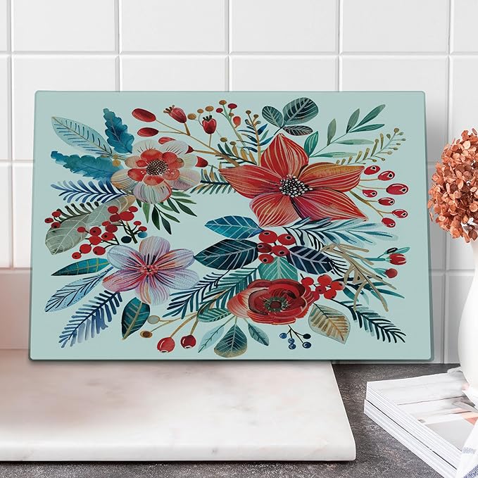 Ambesonne Christmas Cutting Board, Vintage Xmas Wreth Ornate Arrange with Poinsettia Flowers and Berries, Decorative Tempered Glass Cutting and Serving Board, Large Size, Dark Coral Petrol Blue