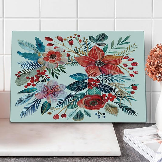 Ambesonne Christmas Cutting Board, Vintage Xmas Wreth Ornate Arrange with Poinsettia Flowers and Berries, Decorative Tempered Glass Cutting and Serving Board, Large Size, Dark Coral Petrol Blue