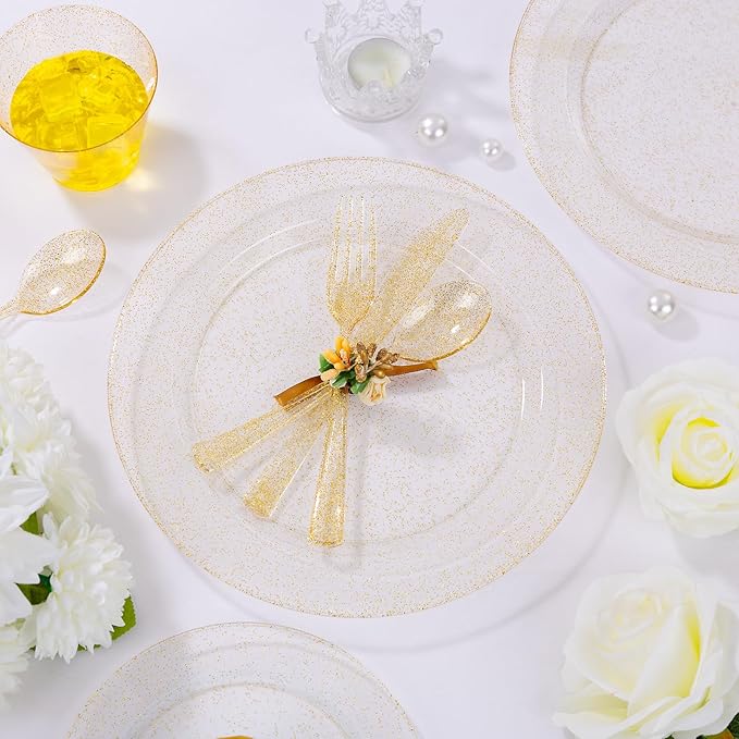 I00000 700 Pcs Gold Glitter Plastic Dinnerware Sets, Disposable Plates for Party, Include: 100 Dinner Plate,100 Dessert Plate,100 Paper Napkins, 100 Cups,100 Plastic Silverware Set