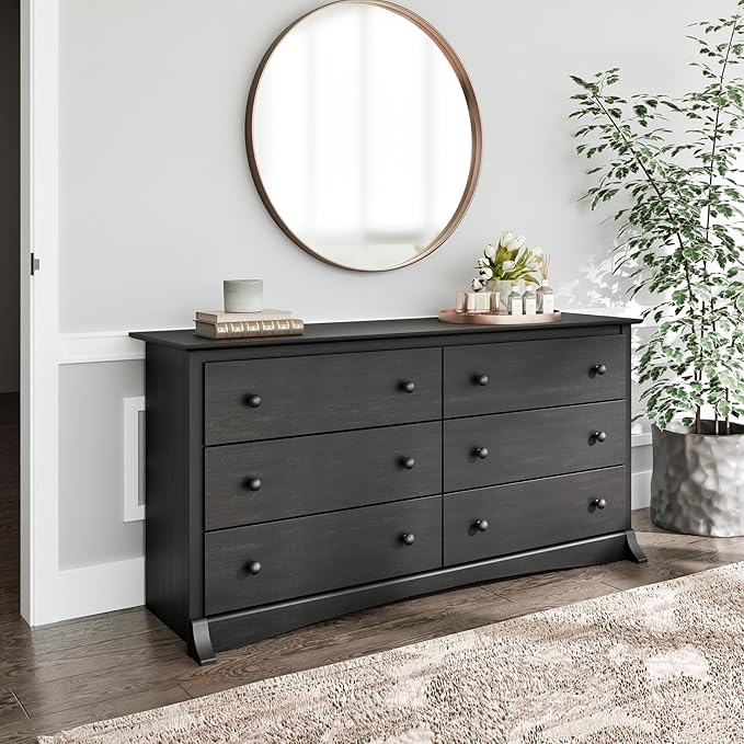 Prepac Sonoma 6-Drawer Double Dresser for Bedroom, Wide Chest of Drawers, Traditional Bedroom Furniture, 59" wide x 17.5" deep x 29" tall, Washed Black