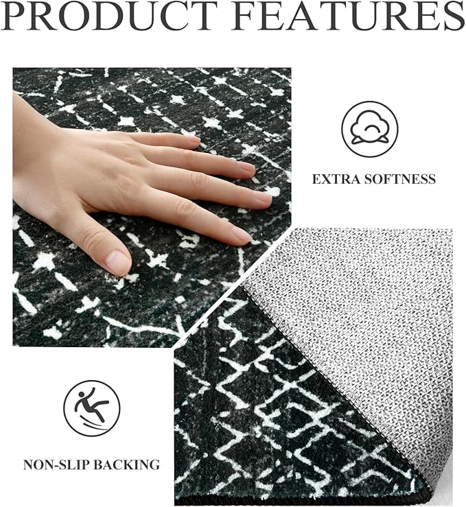 Lahome Moroccan Black Area Rug - Non-Slip Low-Pile Washable Entryway Rug Kitchen Bath Mat 2'x4' Geometric Print Carpet for Hallway Bedroom