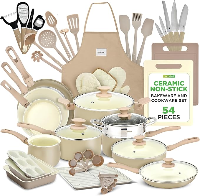 Nutrichef 54-Piece Marble Non-Stick Cookware and Bakeware Set, Professional Home Kitchen Collection with Multi-Sized Pots and Pans Set, and Heat-Resistant Tools