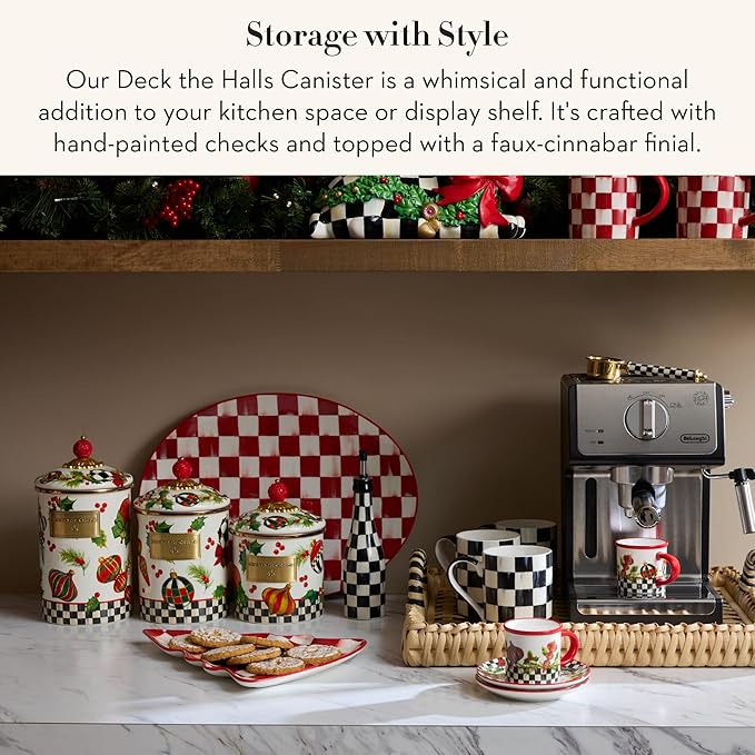 MACKENZIE-CHILDS Enamel Canister, Kitchen Storage Container with Lid, Small, Deck the Halls