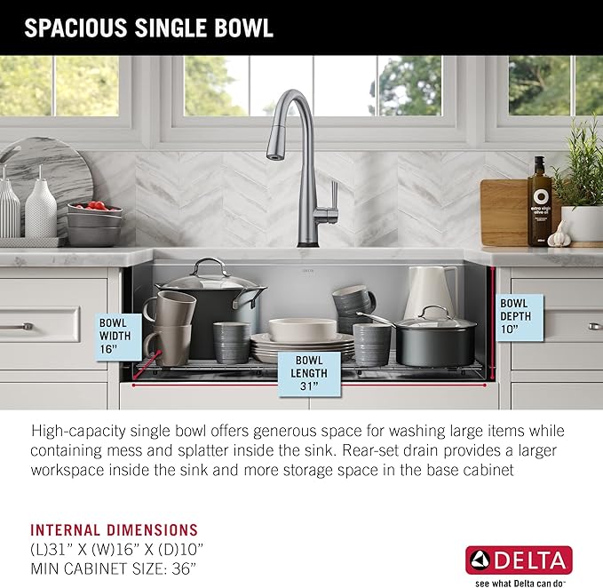DELTA FAUCET Rivet 33-inch Workstation Farmhouse Apron Front Kitchen Sink Undermount 16 Gauge Stainless Steel Single Bowl with WorkFlow Ledge and Kit of 5 Accessories, 95C9031-33S-SS