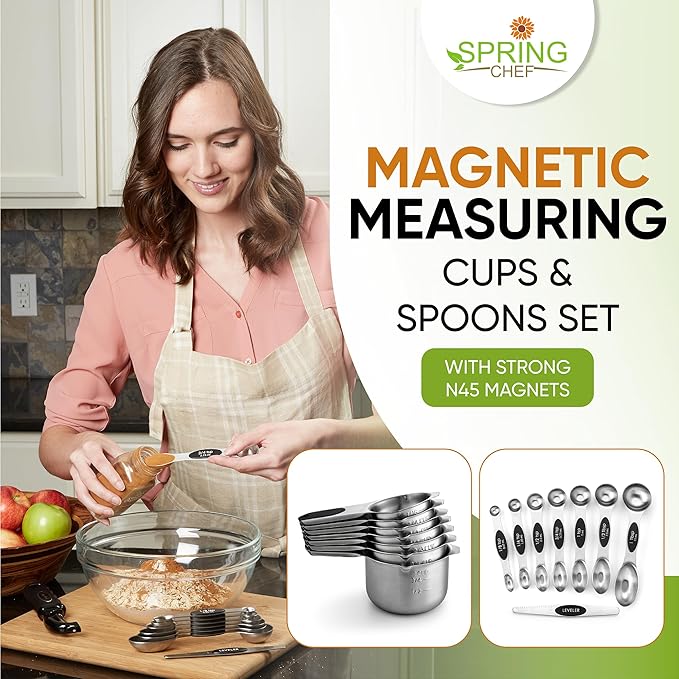 Spring Chef Magnetic Measuring Cups & Spoons Set, Patented, Strong N45 Magnets, Heavy Duty Stainless Steel Fits in Spice Jars for Baking & Cooking, BPA Free, Round Set of 15 with Leveler, Black