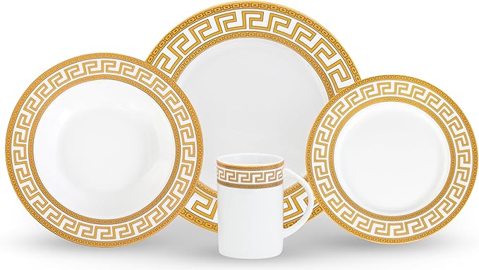 Porcelain Dinnerware Set for 1 - White with Gold 4 Piece Set Vintage Greek Key Design - Elegant Dinner Plates, Soup Plates and Mugs - Dining Kitchenware for Home, Formal Occasions and Everyday Dishes