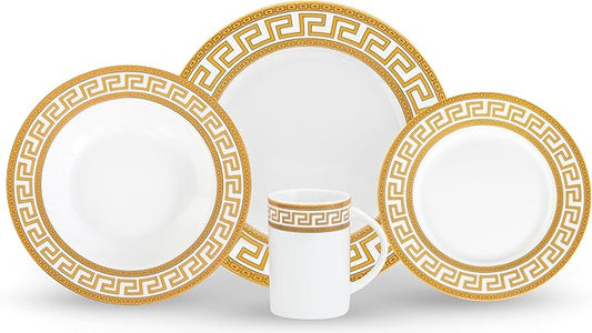 Porcelain Dinnerware Set for 1 - White with Gold 4 Piece Set Vintage Greek Key Design - Elegant Dinner Plates, Soup Plates and Mugs - Dining Kitchenware for Home, Formal Occasions and Everyday Dishes