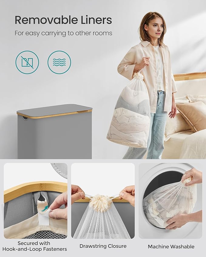 SONGMICS Laundry Hamper with Lid, 3-Section Large Laundry Basket, 52.8-gallon (150L), Removable Mesh Liner, Bamboo Handles, Collapsible, 23.6 x 15.2 x 27.8 Inches, Dove Gray ULCB515G01