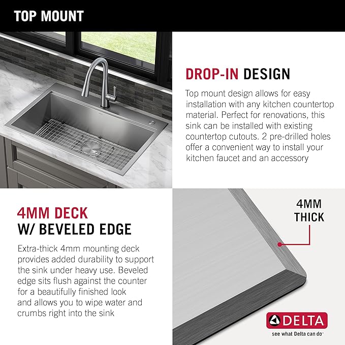 DELTA FAUCET Rivet 30-Inch Workstation Kitchen Sink Drop-In Top Mount 16 Gauge Stainless Steel Single Bowl with WorkFlow Ledge and Chef’s Kit of 5 Accessories, 95A931-30S-SS