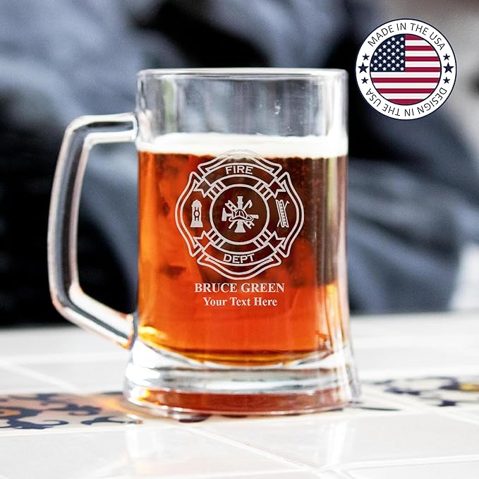 Personalized Firefighter Beer Mug, Custom Name and Text, Etched Fire Dept Beer Glass, 17oz Engraved Glassware, Fireman Gift, Home Bar, Firefighter Gifts for Men, Dad
