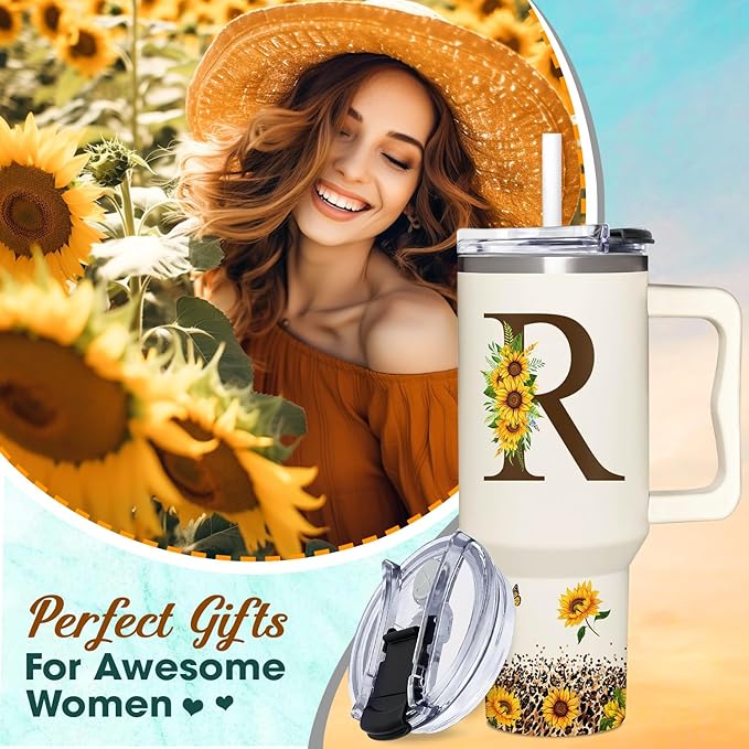 Personalized Birthday Gifts For Women - Sunflowers Monogrammed Cup For Boss Day, Christmas - Customized Gifts For Women, Mom, Wife, Coworkers, Boss Lady, Her - Custom Tumbler With Handle 40oz