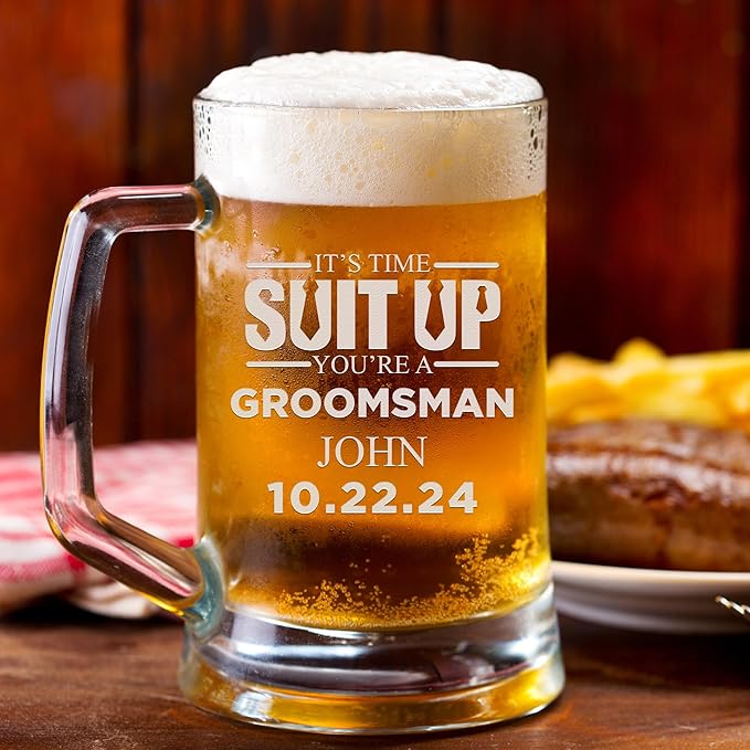 Groomsmen Gifts - Personalized Beer Mugs - Groomsmen Proposal Gift Idea - Customized Gift for Groom, Best Man, Groomsman - Custom Engraved Beer Mugs for Grooms Men - Groomsmen Beer Glasses (Design A)
