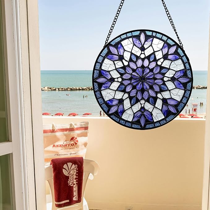 Stained Glass Window Hanging, Purple Blue Tiffany Style Flowers Sun Catcher for Window Door Home Decor Suncatcher Christmas Mother's Day Birthday Gifts for Women Men Mom Nana 11.8 in