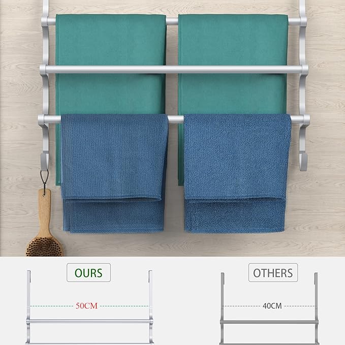 Over The Door Towel Rack, Over Door Towel Rack for Bathroom Door, Triple Towel Storage Holder with Hooks (Silver Gray, 20.15" L)
