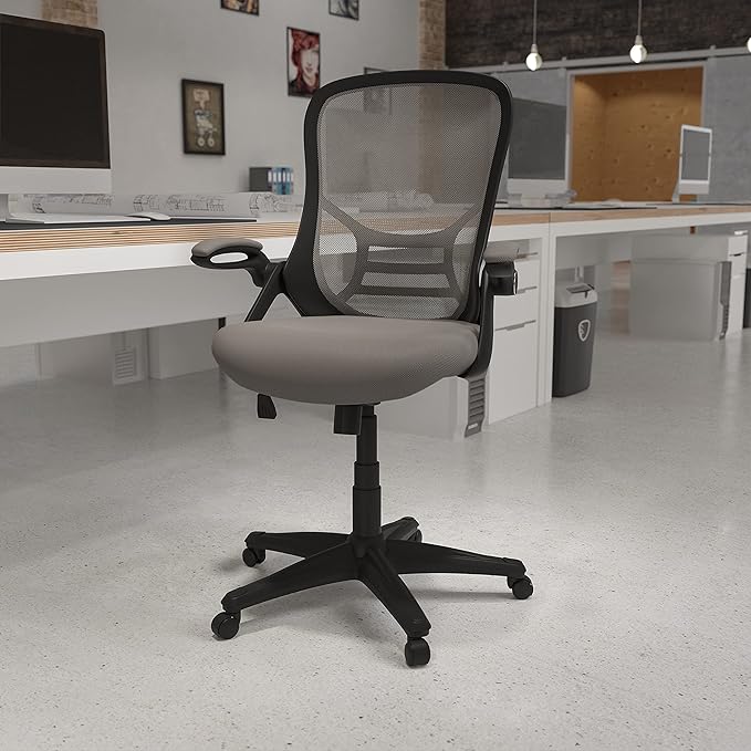Flash Furniture Porter High-Back Swivel Office Chair with Adjustable Lumbar Support and Seat Height, Ergonomic Mesh Desk Chair with Flip-Up Armrests, Gray/Black