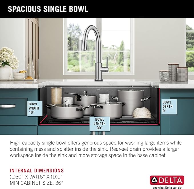 DELTA FAUCET Delta Rivet 32 Inch Black Stainless Steel Undermount 16 Gauge Workstation Kitchen Sink Single Bowl in PVD Gunmetal Finish with WorkFlow Ledge and Accessories, 95B9031-32S-GS