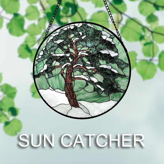 Stained Glass Window Hanging 4 Pcs Set Forest Green Trees Winter Snow 9.8" - Suncatcher Door Garden Sun Catcher Home Decor Birthday Mother's Day for Woman Nana Mom Men