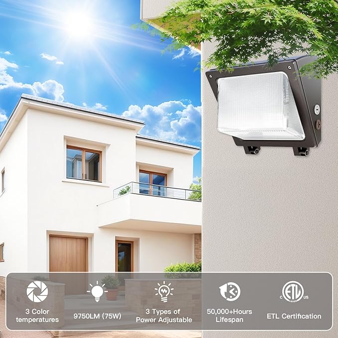 JTT 6Pack 75W/60W/45W LED Wall Pack Lights,Dusk to Dawn with Photocell,6000/5000/4000K Daylight IP65 Wall Mount Outdoor Security Lighting,Energy Saving Lights for Warehouses Yard Parking Lot, Garage