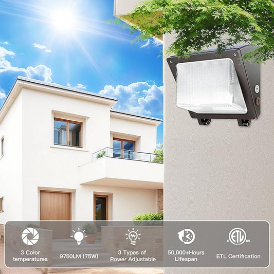 JTT 6Pack 75W/60W/45W LED Wall Pack Lights,Dusk to Dawn with Photocell,6000/5000/4000K Daylight IP65 Wall Mount Outdoor Security Lighting,Energy Saving Lights for Warehouses Yard Parking Lot, Garage