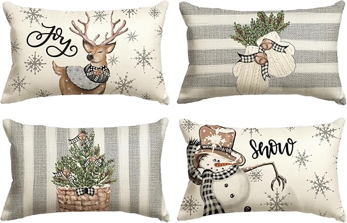 AVOIN colorlife Christmas Snowman Reindeer Gloves Eucalyptus Throw Pillow Covers, 12 x 20 Inch Winter Holiday Stripes Cushion Case Decoration for Sofa Couch Set of 4