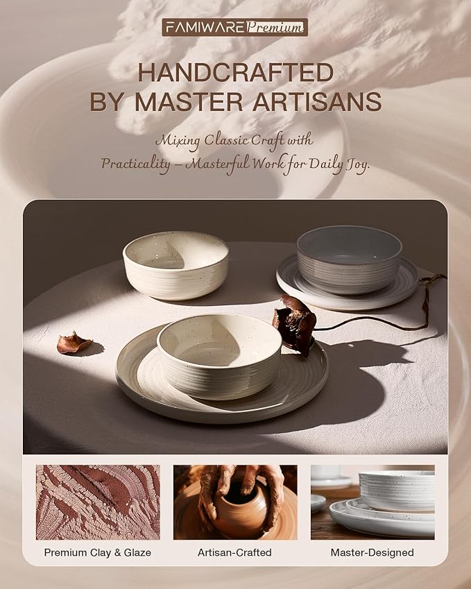 Stoneware Dinnerware Sets, Plate and Bowl Sets for 6, 18 Pieces Spiral Flared Dishware Set with Speckles & Reactive Glaze - Microwave and Dishwasher Safe Tableware, White