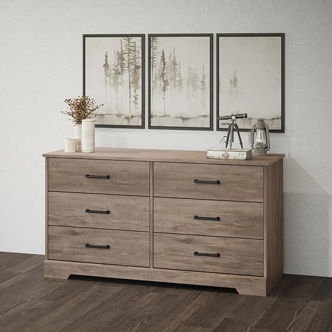 Prepac Rustic Ridge Farmhouse 6-Drawer Double Dresser, Brown Dresser for Bedroom, Chest of Drawers with 6 Storage Drawers, 53.25” wide x 18.25” deep x 28.5” tall, Brown