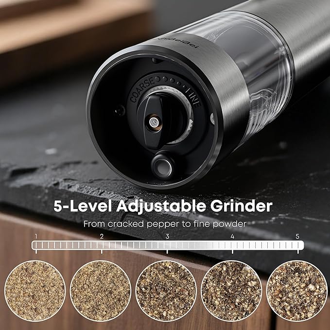 Electric Salt and Pepper Grinder Set One-hand Operated, Adjustable Coarseness, Stainless Steel body Ceramic Burrs,Pepper Shakers Mills with LED Light,House Warming Cooking Gift (2)