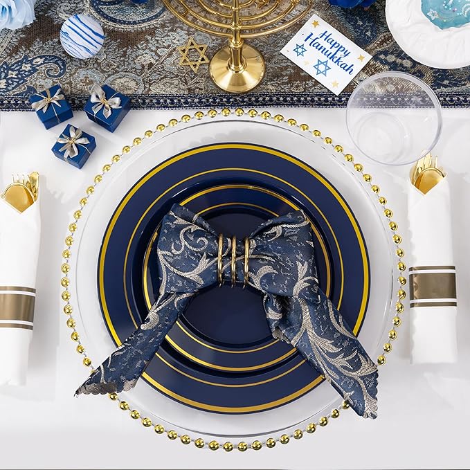 350PCS Navy Blue and Gold Plastic Plates with Rolled Napkins Include Dinner Plate 10’’, Dessert Plate 7’’, gold Cups 9 OZ, Pre Rolled Napkins 25 of each type for Hanukkah Wedding