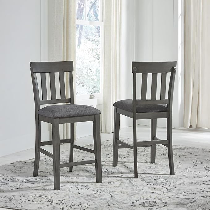 Signature Design by Ashley Hallanden Modern Farmhouse Counter Upholstered Barstool, Set of 2, Comb-back Design, Solid Wood, 25.75" , Dark Gray