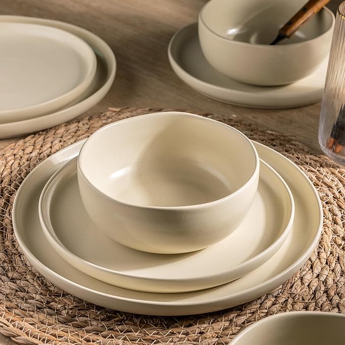 AmorArc Ceramic Dinnerware Sets, Wavy Rim Stoneware Plates and Bowls Sets,Dishwasher & Microwave & Oven Safe Dishes set, Service for 4 (12pc)