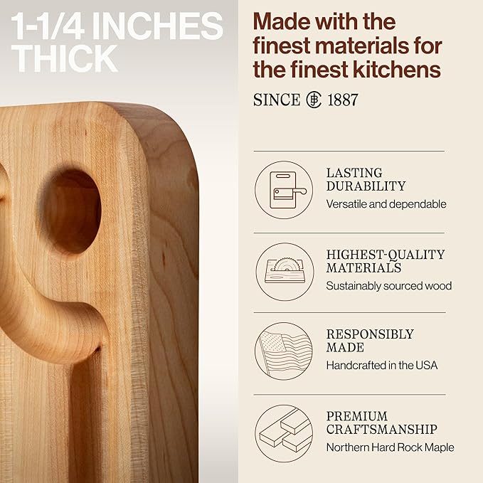 John Boos Prestige Series Rectangular Wooden Maple Cutting Board 18”x12” – 1.25” Thick, 8-lb Reversible Butcher Block with Juice Groove, Edge-Grain & Finger Grip Hole – Made in the USA