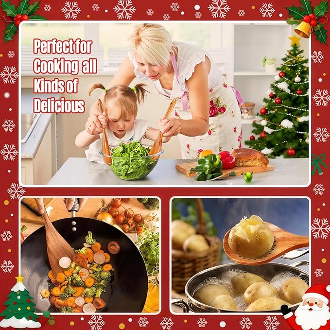 Wooden Spoons for Cooking, Wooden Utensils for Cooking Natural Teak Wooden Kitchen Utensils Set Comfort Grip(9 PCS Xmas Gift)