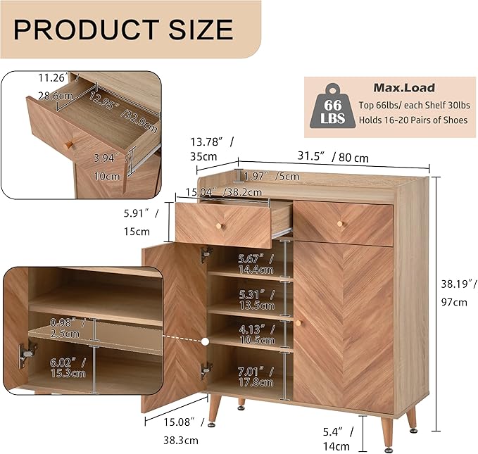 Shoe Storage Cabinet with 2 Doors, 20 Pairs Shoes Cabinet for Entryway with Adjustable Shelves and 2 Drawer, 31.5'' Wide Shoe Rack Shoe Organizer Cabinet for Entryway Living Room (Naturel)