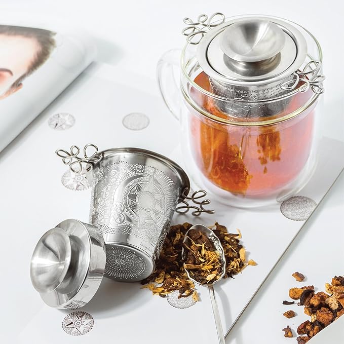 Premium Stainless Steel Tea Infuser Basket Gift Set - Gold Plated Loose Leaf Tea Steeper with Floral Engraved Lid, Stand & Fine Mesh Filter | Best Tea Strainer for Tea Lover