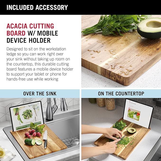 DELTA FAUCET 95A9032-T33D-SS Lorelai Workstation Kitchen Sink Drop-In Top Mount 16 Gauge Stainless Steel Double Bowl with WorkFlow Ledge and Chef’s Kit of 8 Accessories, 33 Inch
