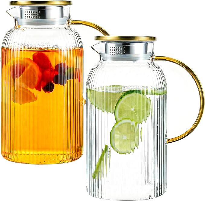 2 PACK Glass Pitcher with Lid, 68oz/2Liter Borosilicate Glass Water Pitcher, Heat Resistant Vertical Striped Water Carafe for Iced Tea, Fruit Tea, and Hot Beverages, Dishwasher Safe, Christmas Gifts