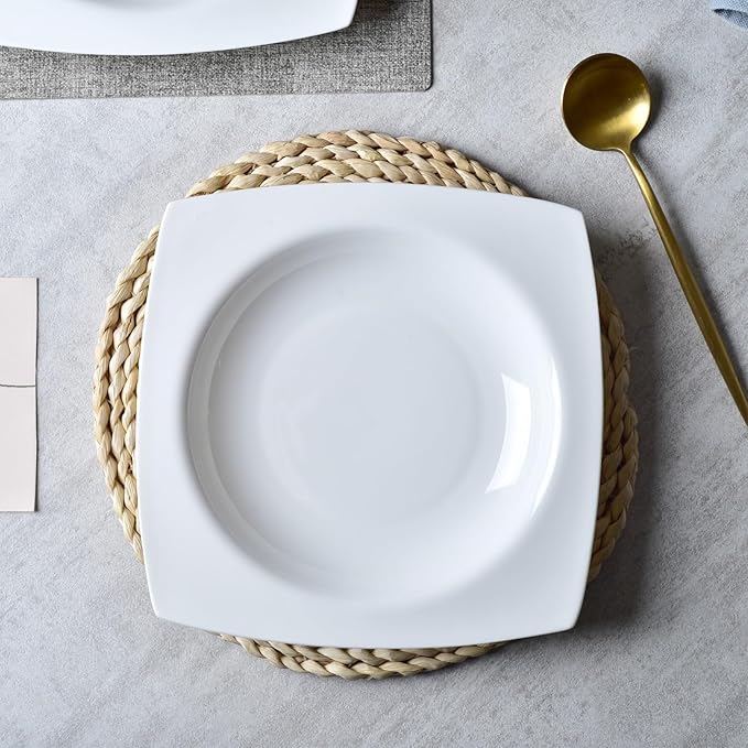 6-piece white bone china dinner plate set, 9.5 inches, square soup plate
