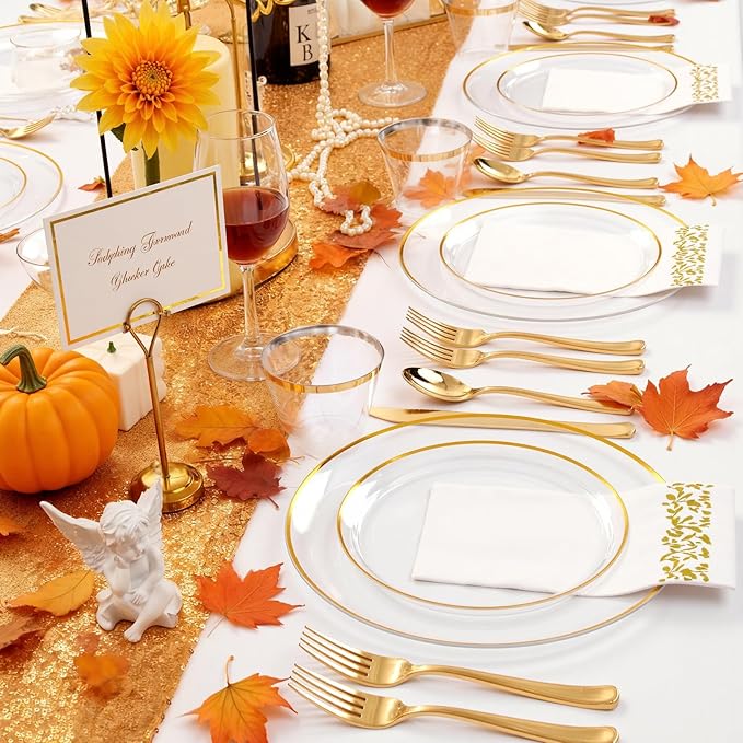 NOCCUR 350PCS Clear and Gold Plastic Plates - Gold Disposable Plastic Dinnerware Set for 50 Guests Include 100 Plastic Plates, 150 Gold Cutlery, 50 Cups&50 Napkins Idea for Party/Christmas