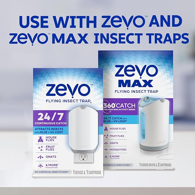 Zevo Flying Insect Trap Official Refill Cartridges - Fits Both Zevo Trap & MAX Indoor Fly Trap - Authentic Trap+Lock Technology to Catch Gnats, House & Fruit Flys (8 Official Refill Cartridges)