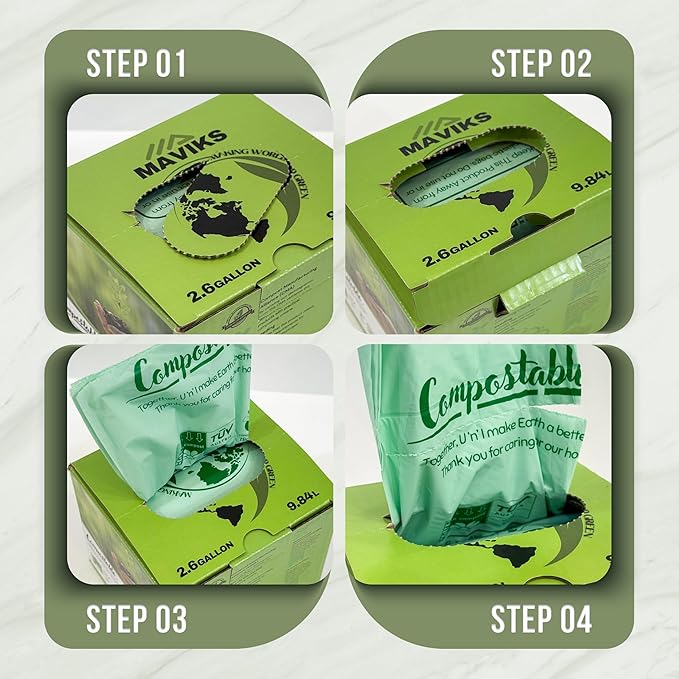 Super Durable Biodegradable Compostable Trash Bags 2.6 Gallons / 9.84 Liter, Green Biodegradable Trash Bags 125 Pcs, Small Kitchen Compost Bags for Countertop Bin, BPI & OK Compost Certified
