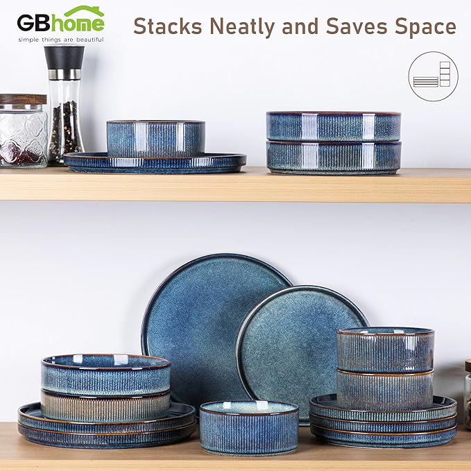GBHOME Stoneware Dinnerware Sets for 8,Round Reactive Glaze Ceramic Plates and Bowls Set,Highly Scratch Resistant| Dishwasher & Microwave Safe Dishes Set,Service for 8(24Pcs),Ceylon Blue