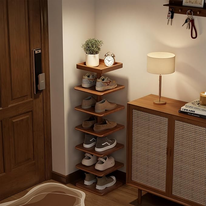 Vertical Shoe Rack for Entryway, Wood Narrow Shoe Rack with Compact Design for Small Space, 6-Tier Shoe Organizer for Entryway Hallway Bedroom Closet