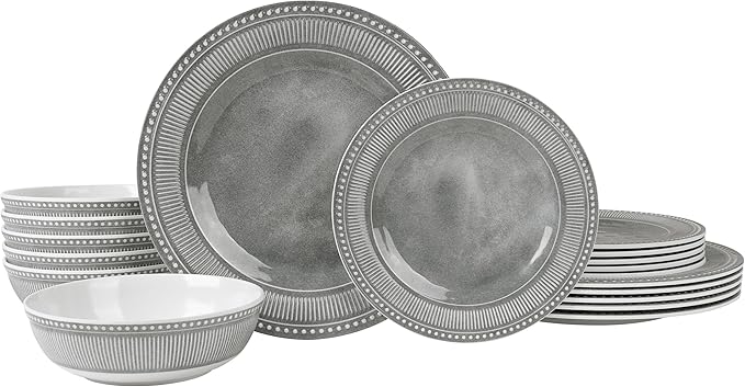 AELS Melamine Dinnerware Set of 18 Pcs, Dinner Dishes Set for Indoor and Outdoor Use, Melamine Plates and Bowls Set for 6, Dishwasher Safe, Lightweight Unbreakable, BPA Free, Gray