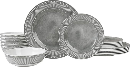 AELS Melamine Dinnerware Set of 18 Pcs, Dinner Dishes Set for Indoor and Outdoor Use, Melamine Plates and Bowls Set for 6, Dishwasher Safe, Lightweight Unbreakable, BPA Free, Gray