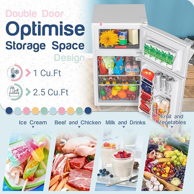 Double Door Refrigerator with Freezer, 3.5 Cu.Ft, Small Fridge with Freezer, 7 Settings Temperature Adjustable, Mini Refrigerator for Office Dorm Bedroom and Apartment (3.5 Cu.Ft, White)