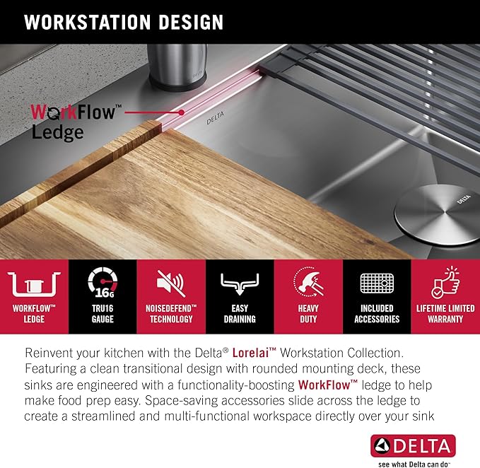 DELTA FAUCET 95A932-30S-SS Lorelai Workstation Kitchen Sink Drop-in Top Mount Stainless Steel Single Bowl with WorkFlow Ledge and Chef’s Kit of 5 Accessories
