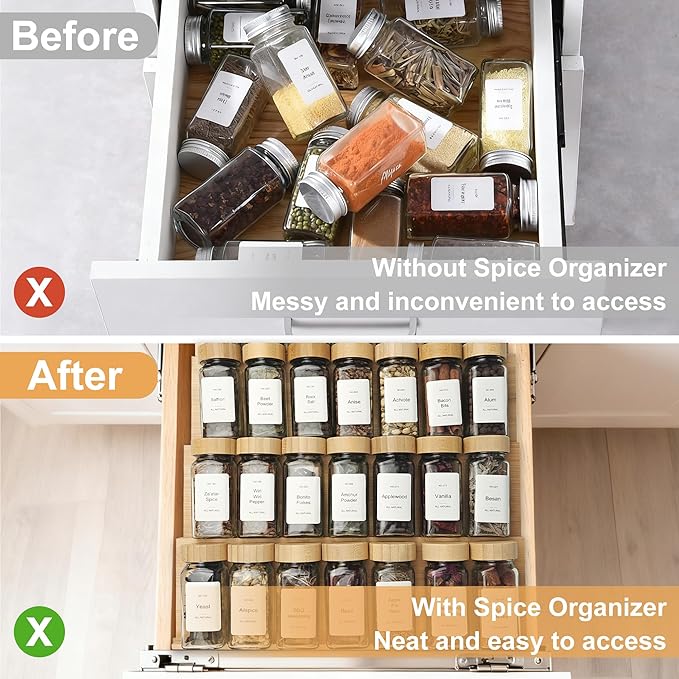Spice Drawer Organizer with 20 Bamboo-lidded Spice Jars,216 Labels,25 Non-slip Rubber, Bamboo 4 Tier Seasoning Rack Tray Insert for Kitchen Drawers,Cabinets,Countertop,11" Wide x 15.8" Deep