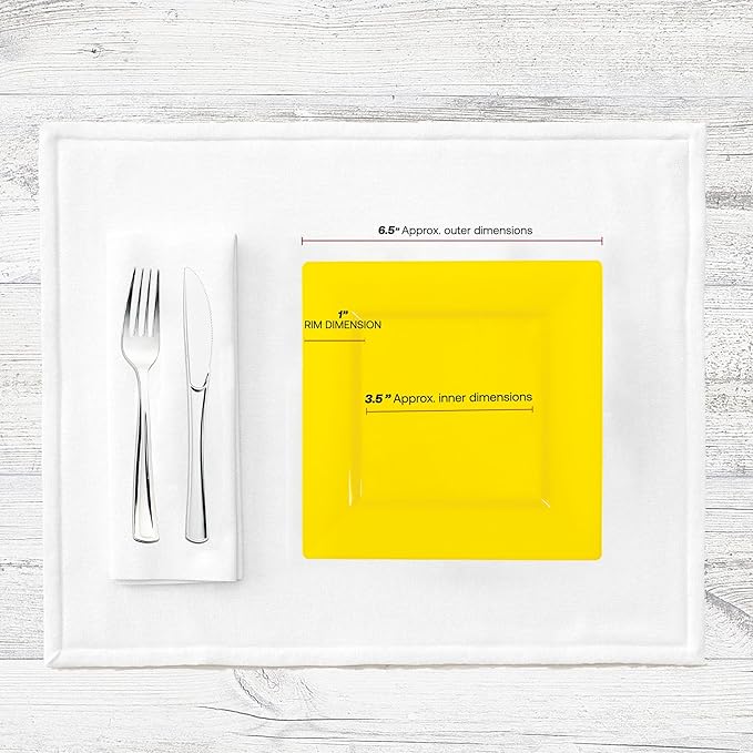 Smarty Had A Party 120 Disposable Plastic Dessert Plates, 6.5" Heavy Duty Square Yellow Salad Plates for Appetizers, Cakes, and Parties, Bulk Supplies for All Occasions